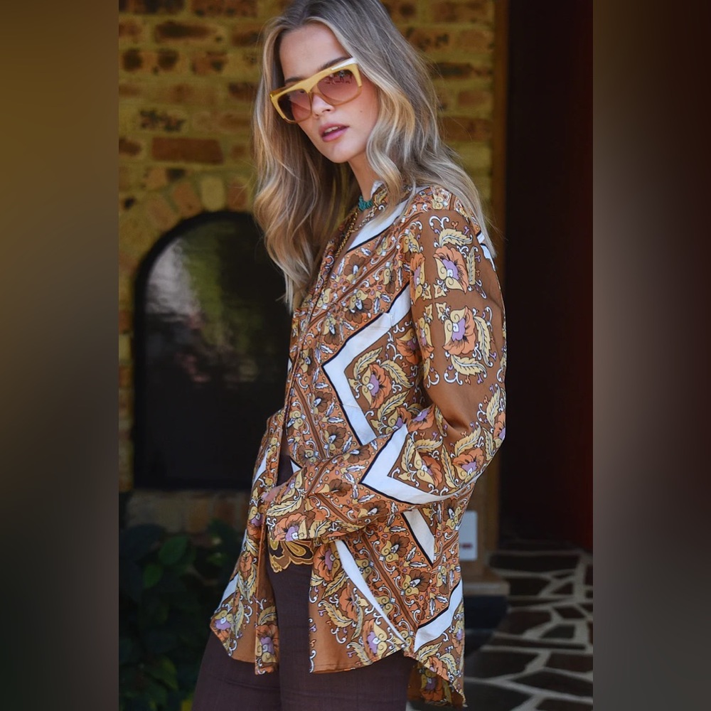 Chasing Unicorns 🍁 Lost In The Music Silk Satin Oversized Shirt sz L - Picture 3 of 17